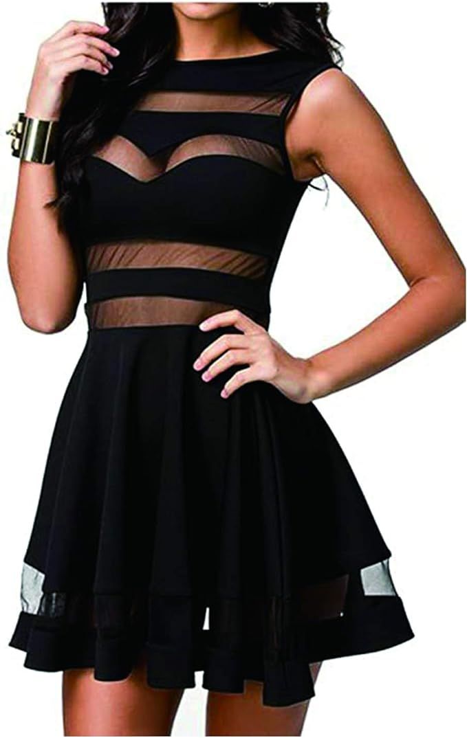 Zeagoo Sexy Mini Skater Dress Mesh See Through Party Club Little Black Dress | Amazon (US)