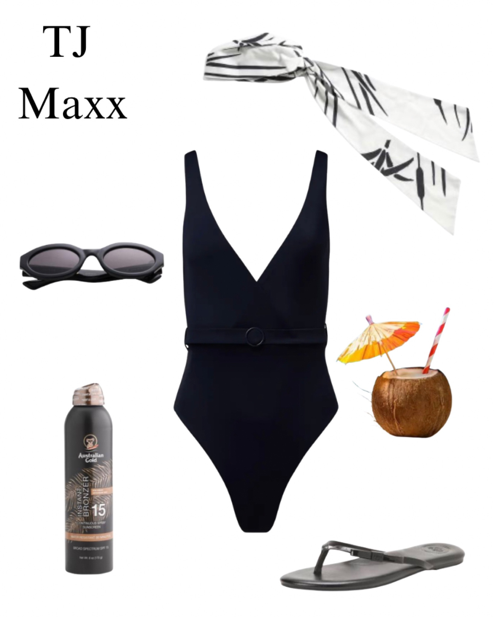 Beach outfit from TJ Maxx, black one piece swimsuit, sunglasses, sunscreen, headscarf, pool, resort, vacation.

#LTKSeasonal #LTKSaleAlert #LTKSwim