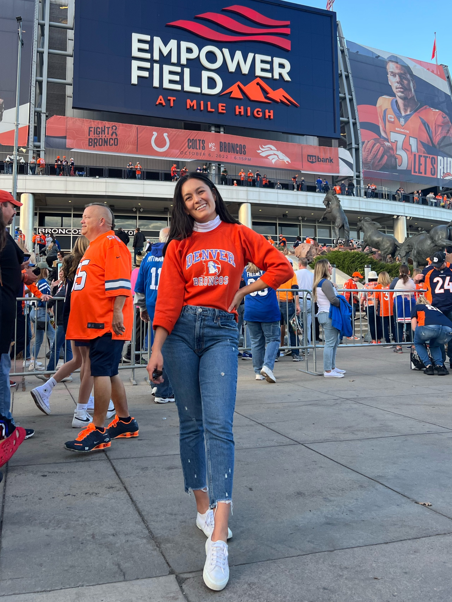 Game day outfit. Broncos outfit. Denver outfit. Abercrombie jeans. White sneakers. White shoes. Fall outfit. White turtle neck. Colorado. 

#LTKSeasonal #LTKstyletip #LTKunder50