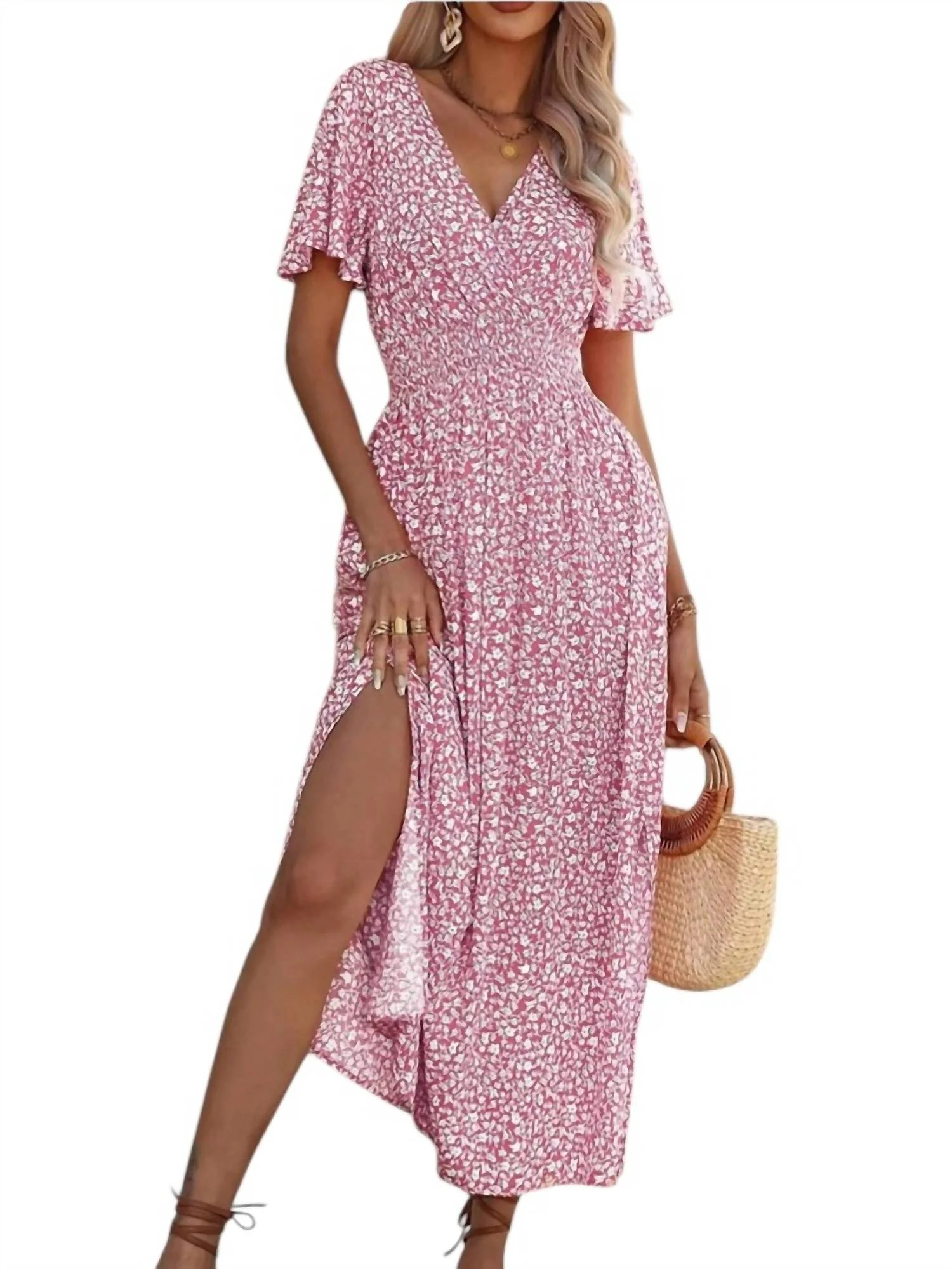 Floral V Neck Midi Dress In Pink | Shop Simon