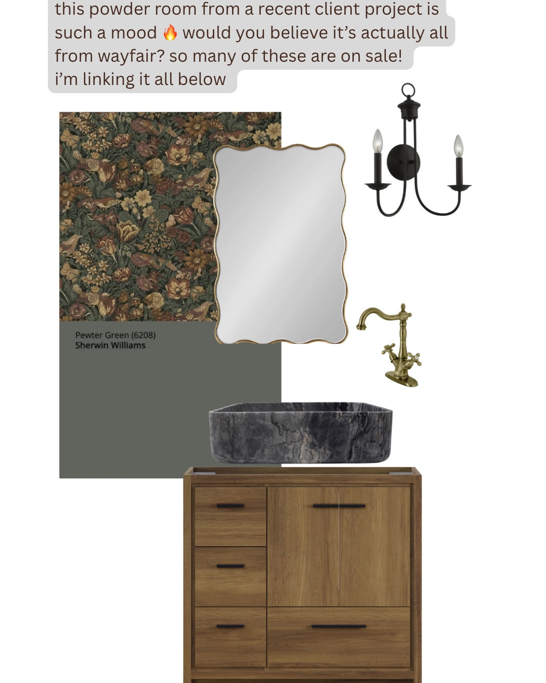 Bathroom renovation favorites! 
swipe to see- 
 1. a recent client powder room remodel moodboard which is such a vibe 🔥 
2. vanity light fixtures  i’m loving - quite easily the most affordable change you can make in a bathroom! 
3. my custom vanity lookalike is 51% off!! 🤯

 linking them all on Wayfair below 🤍🤍

@Wayfair #wayfair #wayfairpartner #ad #paidlinks 

