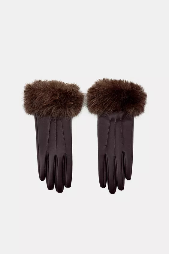 SHORT FAUX LEATHER AND FUR GLOVES | Zara US