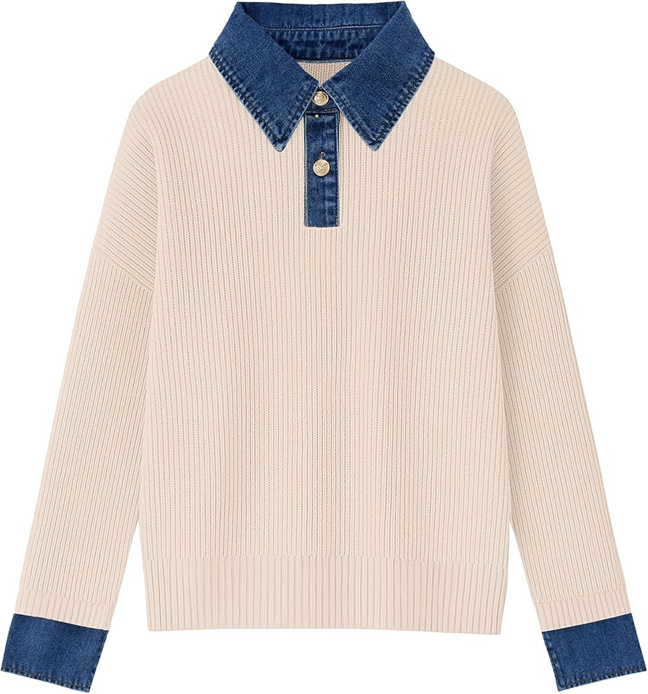 Women’s Sweaters Long Sleeve Denim Lapel V Neck Buttons Closure Pullover Tops Casual Winter Pol... | Amazon (US)