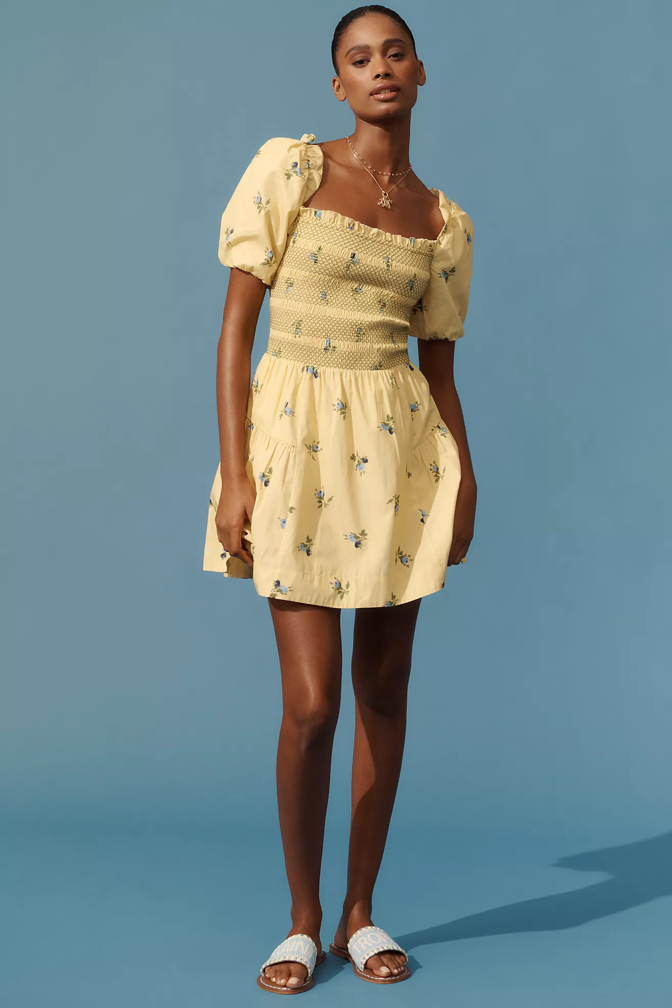 By Anthropologie Puff-Sleeve Square-Neck Smocked Mini Dress | Anthropologie (US)