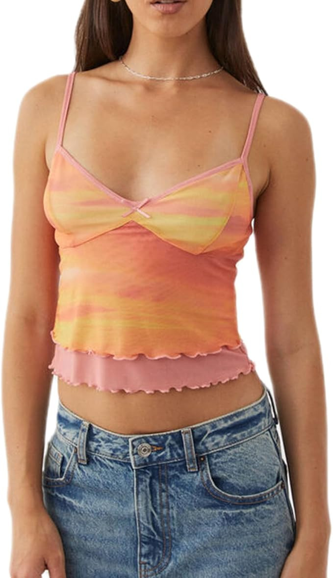 Women Double Layer Mesh Tank Tops Sleeveless Patchwork Strappy Going Out Tops Camisole Y2k Backle... | Amazon (US)