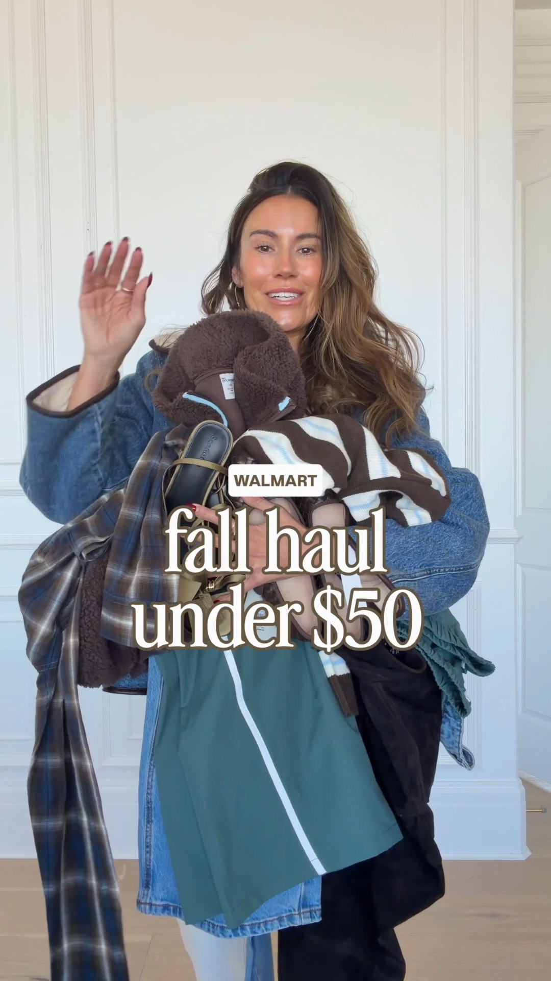 Walmart fall haul under $50 ✨

Denim jacket size: 0x
White tee: M 
Track pants: M 
Striped sweater: M 
Red Sherpa zip up: M 
Mid ride denim: 4 
Ecru barrel jeans: 2

Fall trends 2026, Christine Andrew outfits, over 40 outfits, fall jackets