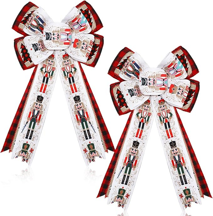 Hotop 2 Pcs Christmas Nutcracker Bow Wreath Bow Xmas Wreath Burlap Bow Winter Door Wall Decor Buf... | Amazon (US)