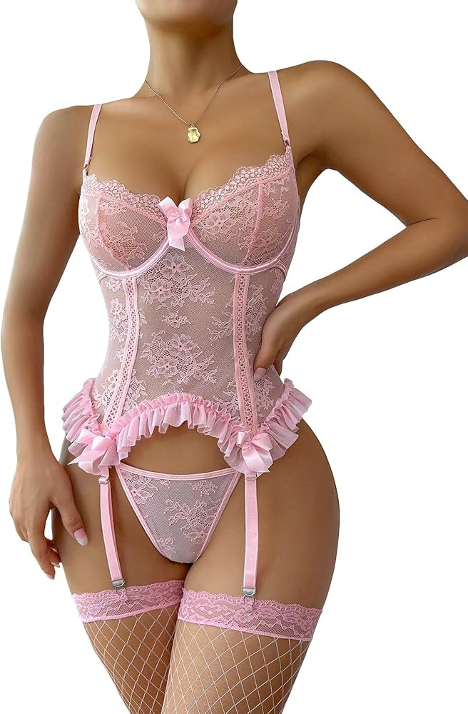 WDIRARA Women's Sexy Lingerie Set Floral Lace Garter Bustier Lingerie Set with 1Pair Fishnet Stoc... | Amazon (US)