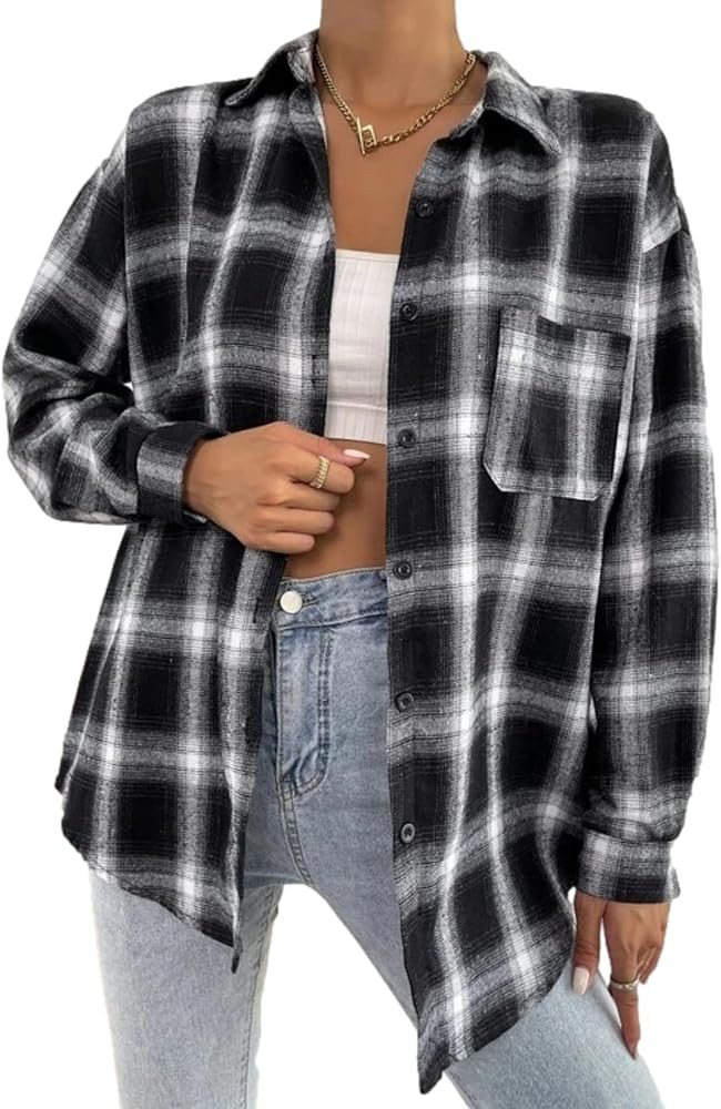 Womens Fashion Flannel Buffalo Plaid Shirt Button Down Long Sleeve Casual Loose Collared Shirts B... | Amazon (US)