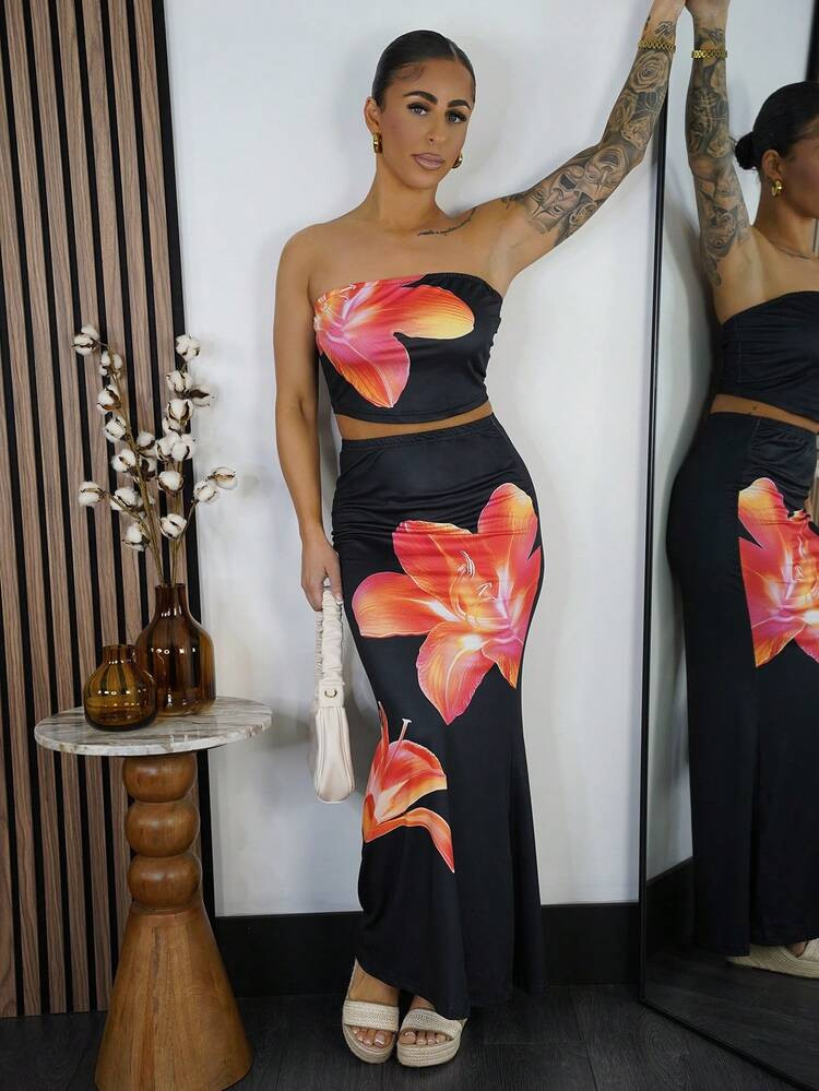 SAYEHFBABY 2025 Spring & Summer Casual Floral Print Sleeveless 2-Piece Set For Women, Suitable For Vacation, Party, Country Style Two Pieces Maxi Skirt Set Tropical Two Pieces Set 2 Pieces Vacation Set Women Floral Two Pieces Set Two Pieces Set Women Suitable For Going Out | SHEIN