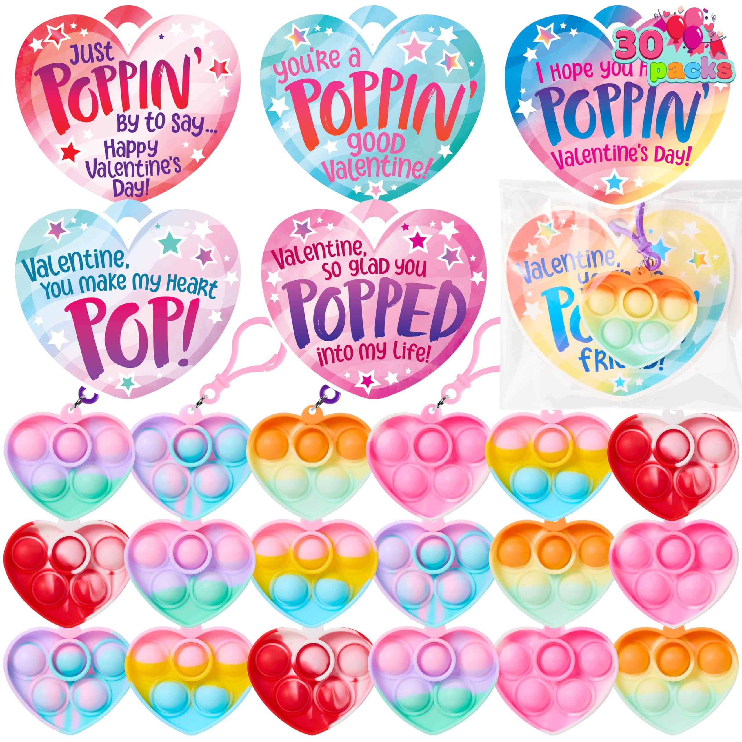 JOYIN 30 Packs Valentine’s Day Gift Cards with Heart Pop Bubble Keychain, 6 Designs Mini Pop Sq... | Amazon (US)