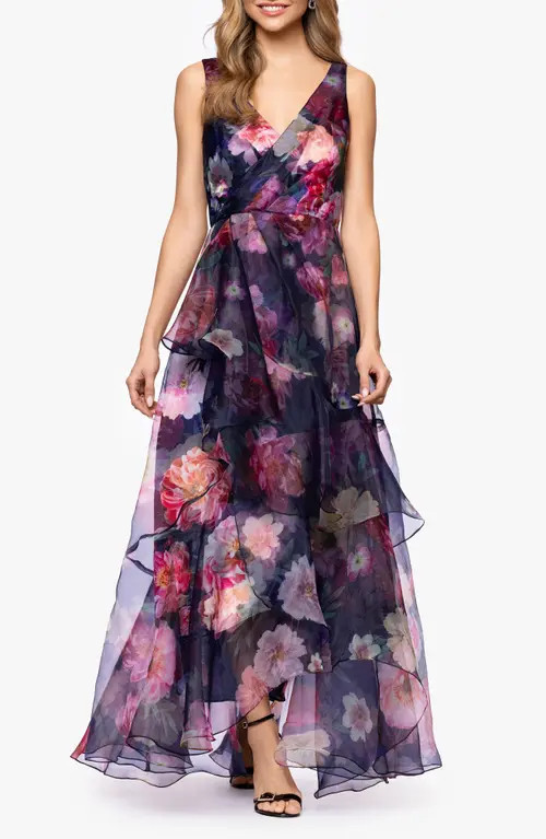 Betsy & Adam Floral Organza Gown in Navy/Multi at Nordstrom, Size 4 | Nordstrom
