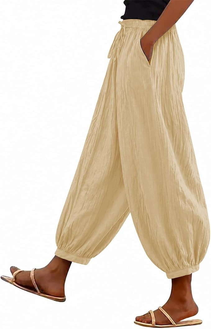 Womens Baggy Linen Balloon Barrel Beach Pants Drawstring Loose Wide Leg Boho Harem Pants with Poc... | Amazon (US)