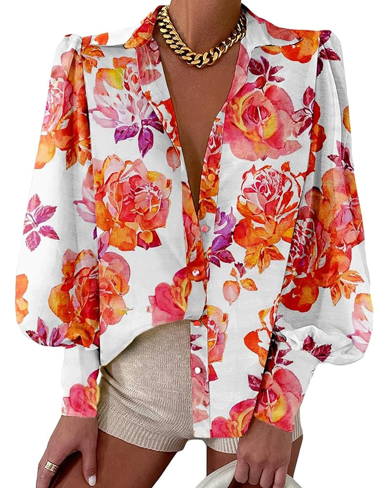 BTFBM Women Fashion Button Down Shirts V Neck Printed Solid Boho Long Sleeve Blouses Dressy Casua... | Amazon (US)