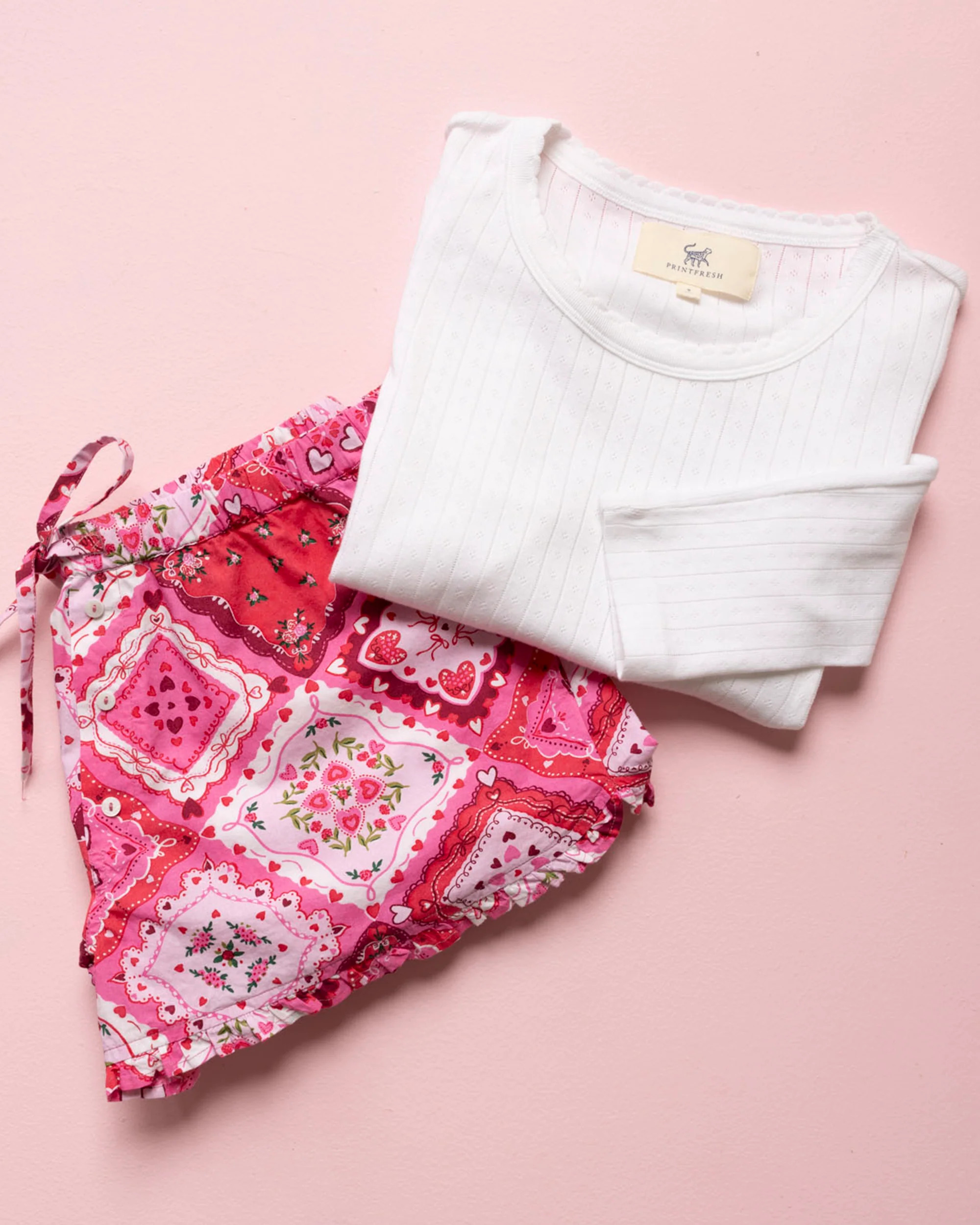Vintage Valentine - Ruffle Shorts &amp; Pointelle Long Sleeve - Mailbox Pink/White | Printfresh