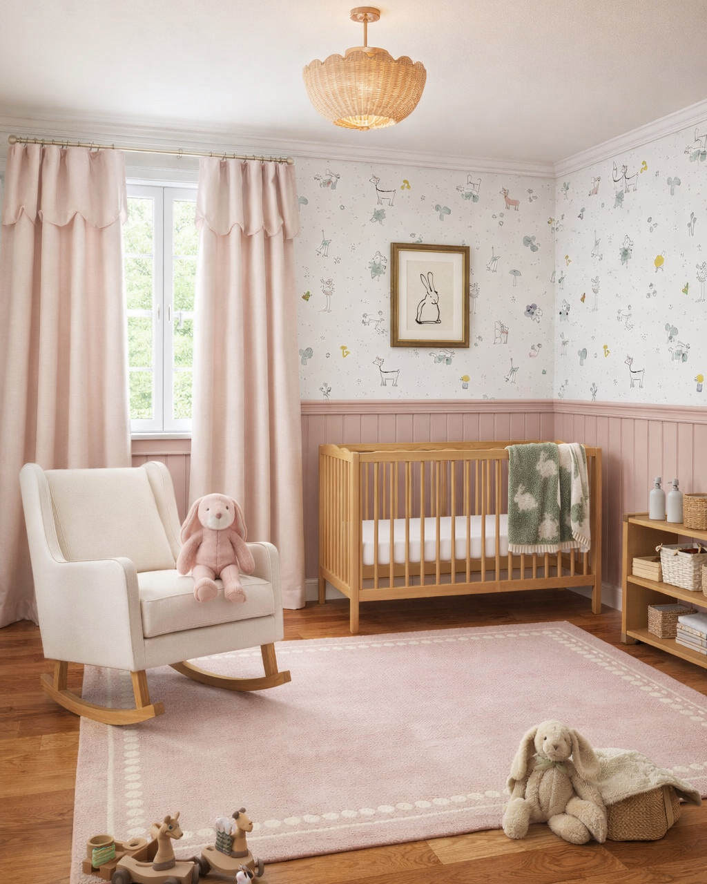 Cute nursery mood board, scalloped crib and nursery changing table, neutral rocker and blush rug, cute wallpaper from Chasing Paper. Scalloped curtains. #homedecor #nurseryy

#LTKBump #LTKHome #LTKBaby