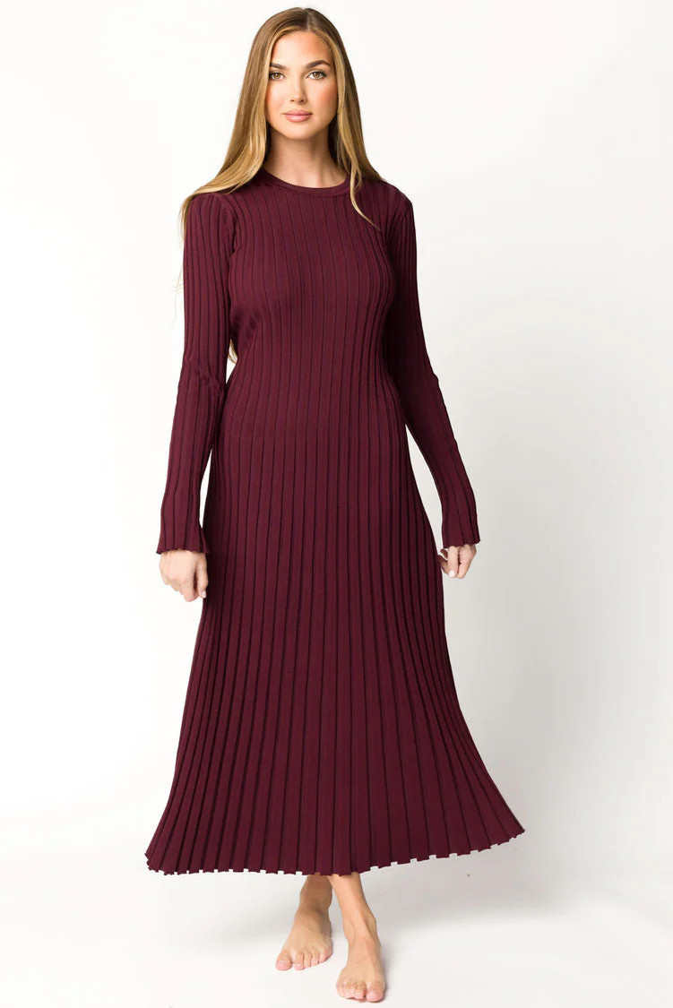 Colette Premium Long Sleeved Ribbed Knit Maxi Dress in Burgundy - Bump | Worth Collective