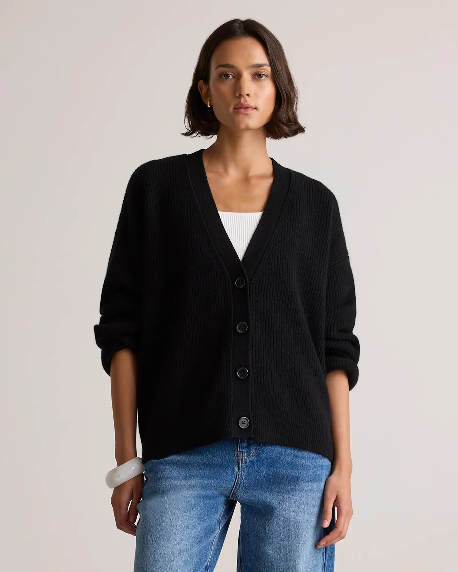 Mongolian Cashmere Fisherman Boxy Cropped Cardigan Sweater in Black | Quince