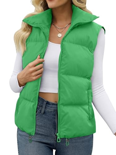 JZC Puffer Vest Women Stand Up Collar Solid Color Puffer Jacket Warm Outerwear Puffey Vests Padded Gilet Green XX-Large | Amazon (US)