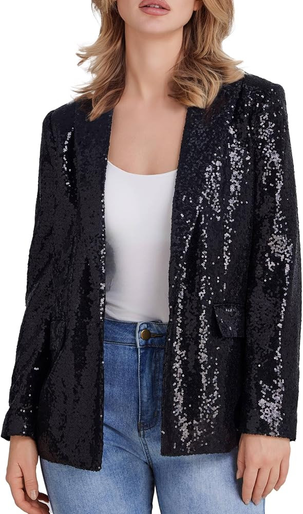 Women's Sequin Suit Jacket Open Front One Button Long Sleeve Blazers Party Sparkly Cardigan Coat ... | Amazon (US)