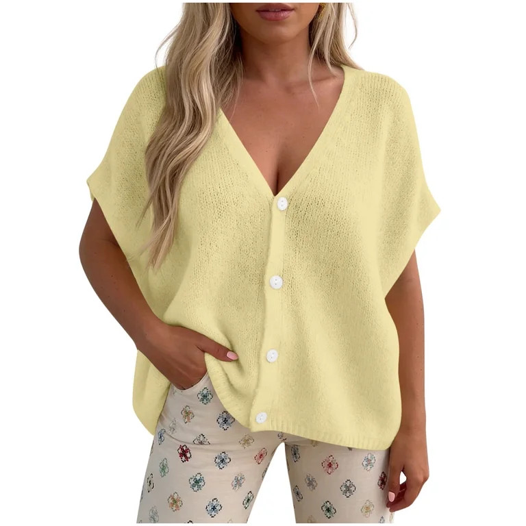 Neewe Womens Spring Oversized Cardigans Batwing Short Sleeve Lightweight Button V Neck Casual Solid Color Tops - Walmart.com | Walmart (US)