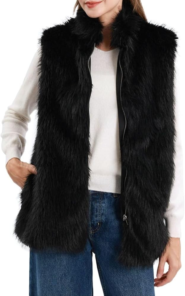 Amazhiyu Women's Faux Fur Zip Up Vest Stand Collar Sleeveless Jacket with Pocket | Amazon (US)