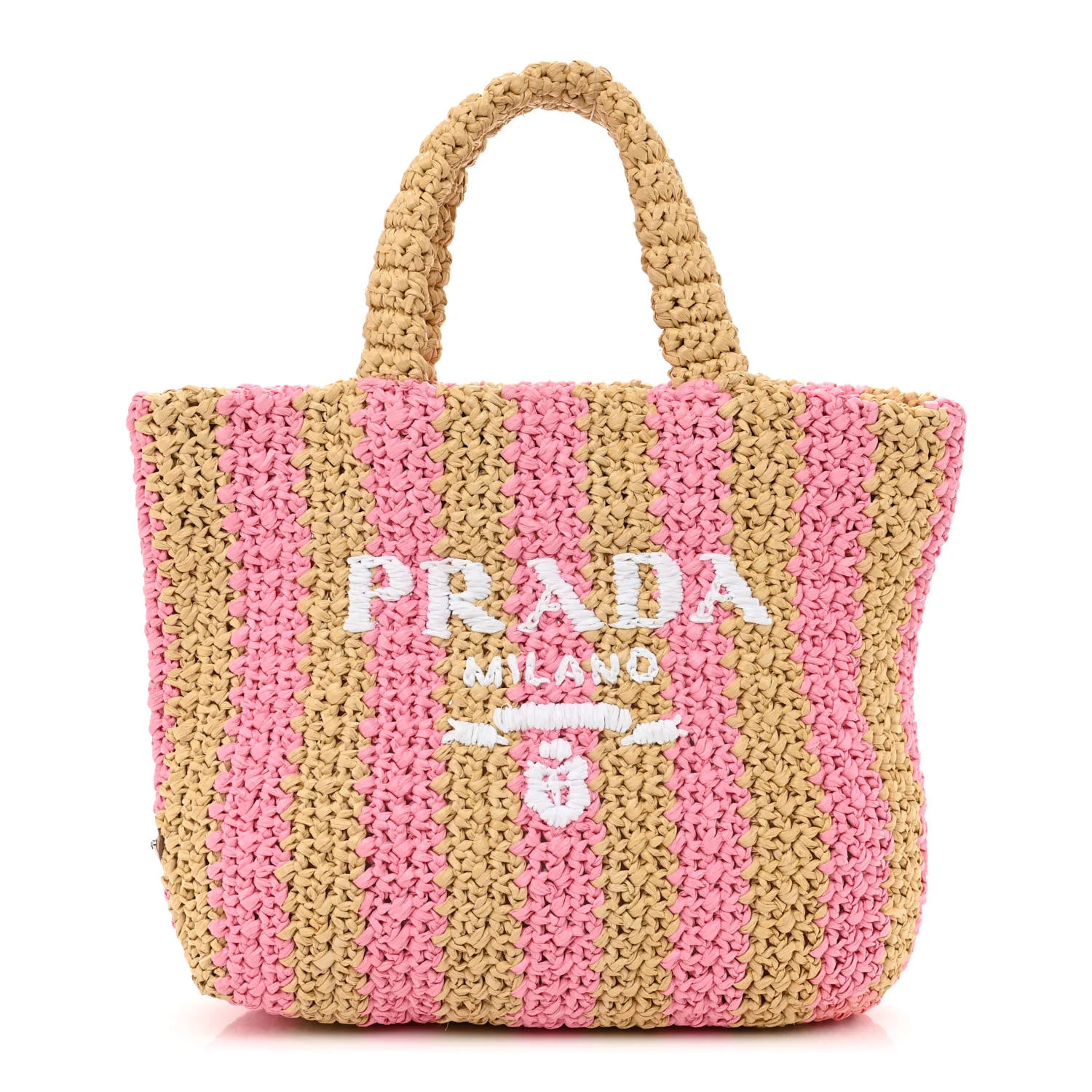 PRADA Raffia Striped Small Logo Tote Tan Petal Pink | FASHIONPHILE (US)