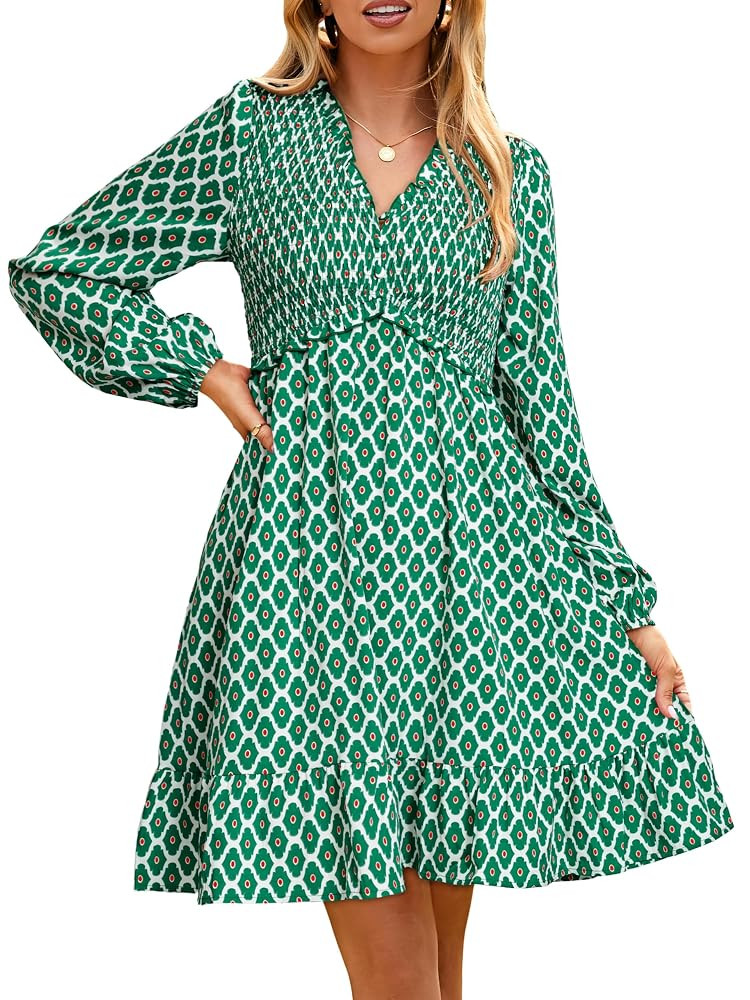 Simplee Womens 2025 Long Sleeve Babydoll Mini Dress Smocked Floral Fall Flowy Casual Short Dresse... | Amazon (US)