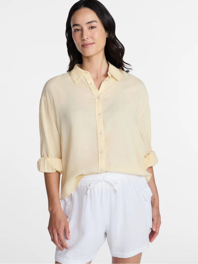 Time and Tru Women's Linen Blend Button Front Cropped Top with Long Sleeves, Sizes XS-XXXL - Walm... | Walmart (US)
