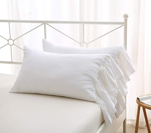 2-Pack Bright White Pillow Cases Shams Covers with Long Ruffles Shabby Chic Egypt Cotton King Siz... | Amazon (US)