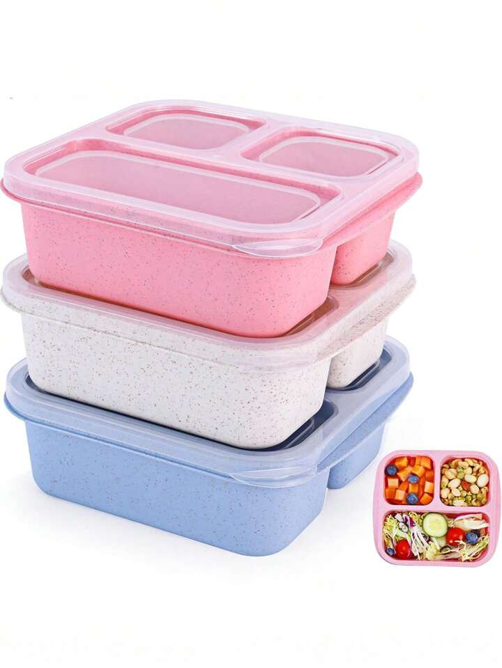 1/2/4 Pieces Snack Container, Bento Snack Box With 3 Compartments, Wheat Straw Reusable Lunch Container, Adult Divided Food Storage Container, Great For Work Trips | SHEIN