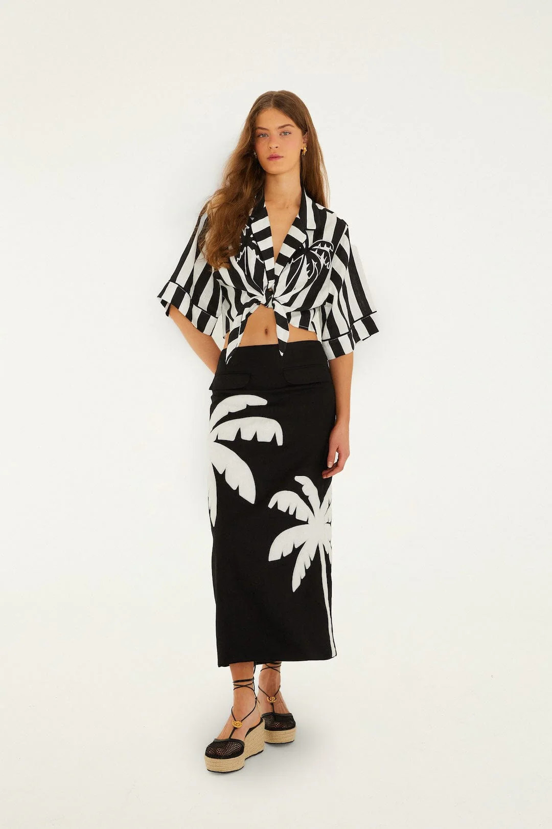 Black Embroidered Palm Tree Euroflax Premium Linen Maxi Skirt | FARM Rio | FarmRio (US)