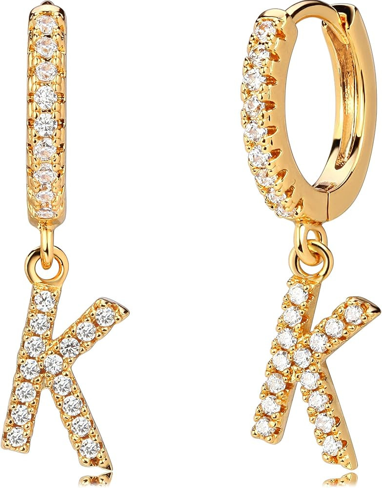Mevecco 18K Dainty Gold Filled Pave Cubic Zircon Letter Charm Huggie Hoop Earrings Wear Initials ... | Amazon (US)