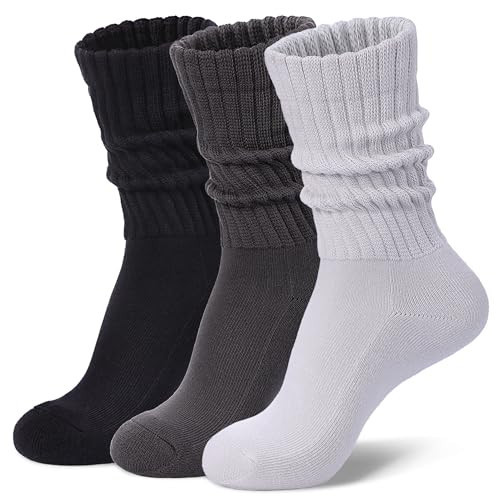 Toetally Womens Slouch Crew Socks Cozy Cotton Retro Ribbed Calf Scrunch Boot Socks for Casual Athletic 3 Pairs Light Grey,Dark Grey,Black S | Amazon (US)