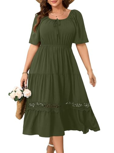Women's Plus Size Wedding Guest Dress Midi Summer Green Dresses Square Neck Short Sleeve Tiered Flowy Casual Dresses Army Green 3XL | Amazon (US)