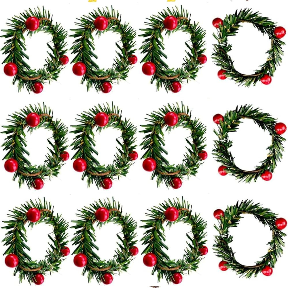 12PCS Christmas Napkin Rings Christmas Garland Napkin Holder Holly Berry Candle Wreath for Banque... | Amazon (US)