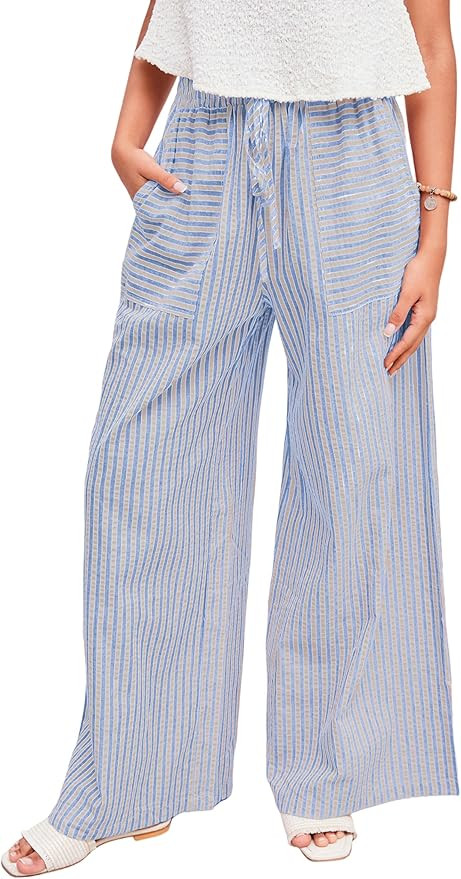 Yeokou Women's Wide Leg Pants Drawstring Striped Cotton Mid Rise Casual Long Palazzo Trousers wit... | Amazon (US)