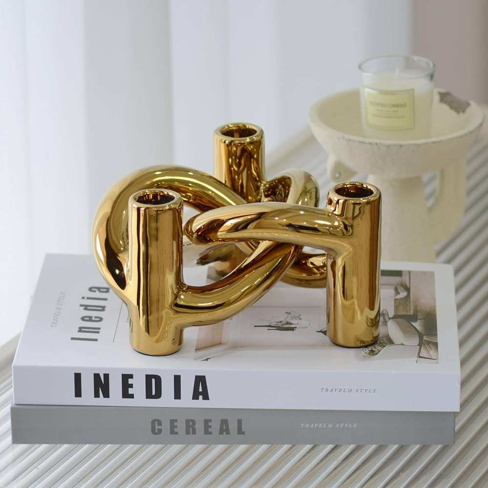 Mordern Ceramic Gold Knot Candle Holders, Gold Candlestick for 3 Taper Candles, Nordic Minimalist... | Amazon (US)