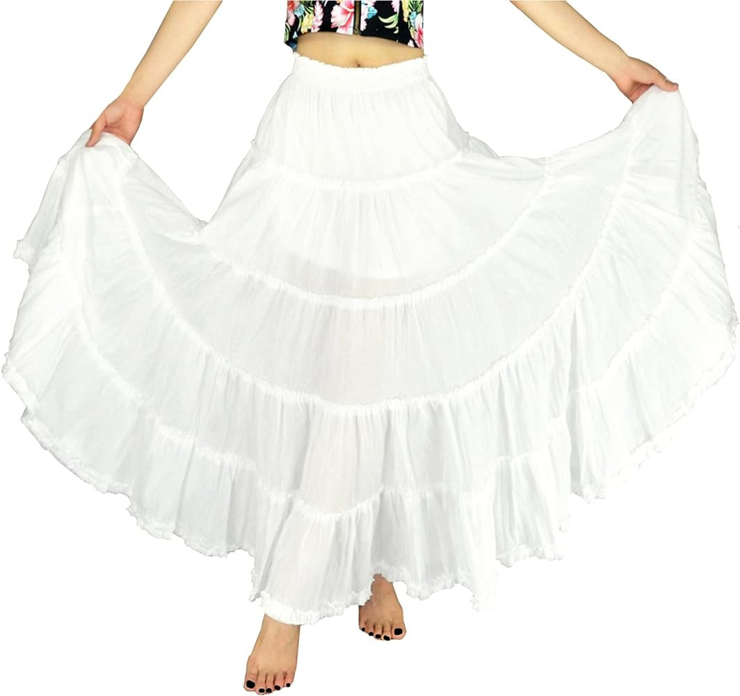 YSJERA Women's Cotton 5 Tiered A Line Pleated Maxi Skirt Long Boho Gypsy Dance Skirts | Amazon (US)