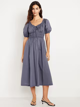 Fit & Flare Puff-Sleeve Midi Dress | Old Navy (US)