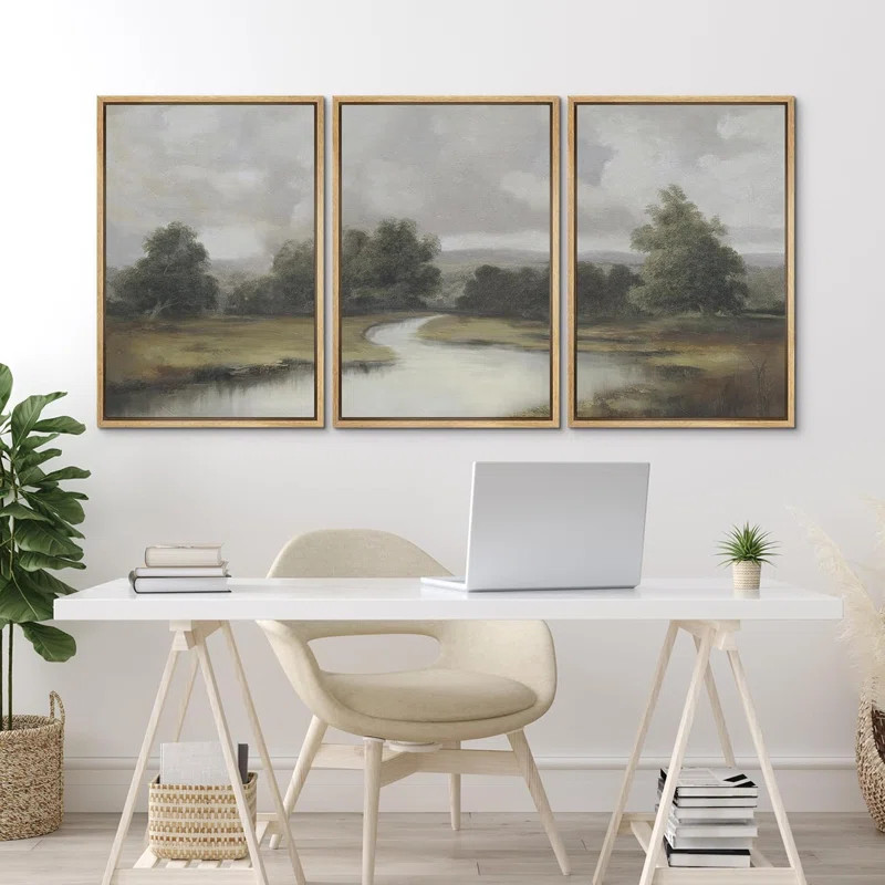 Natural Forest River Landscape Framed On Canvas 3 Pieces Print | Wayfair North America