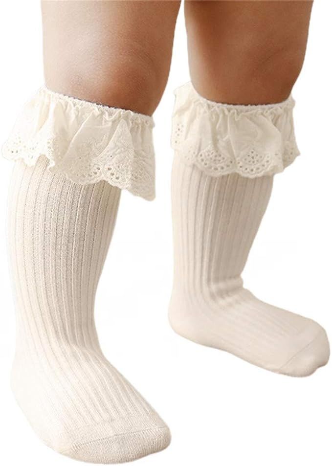 Newborn Toddler Kids Baby Girls Infant High Knee Knitted Socks Cute Ruffle Lace Long Stockings Fa... | Amazon (US)