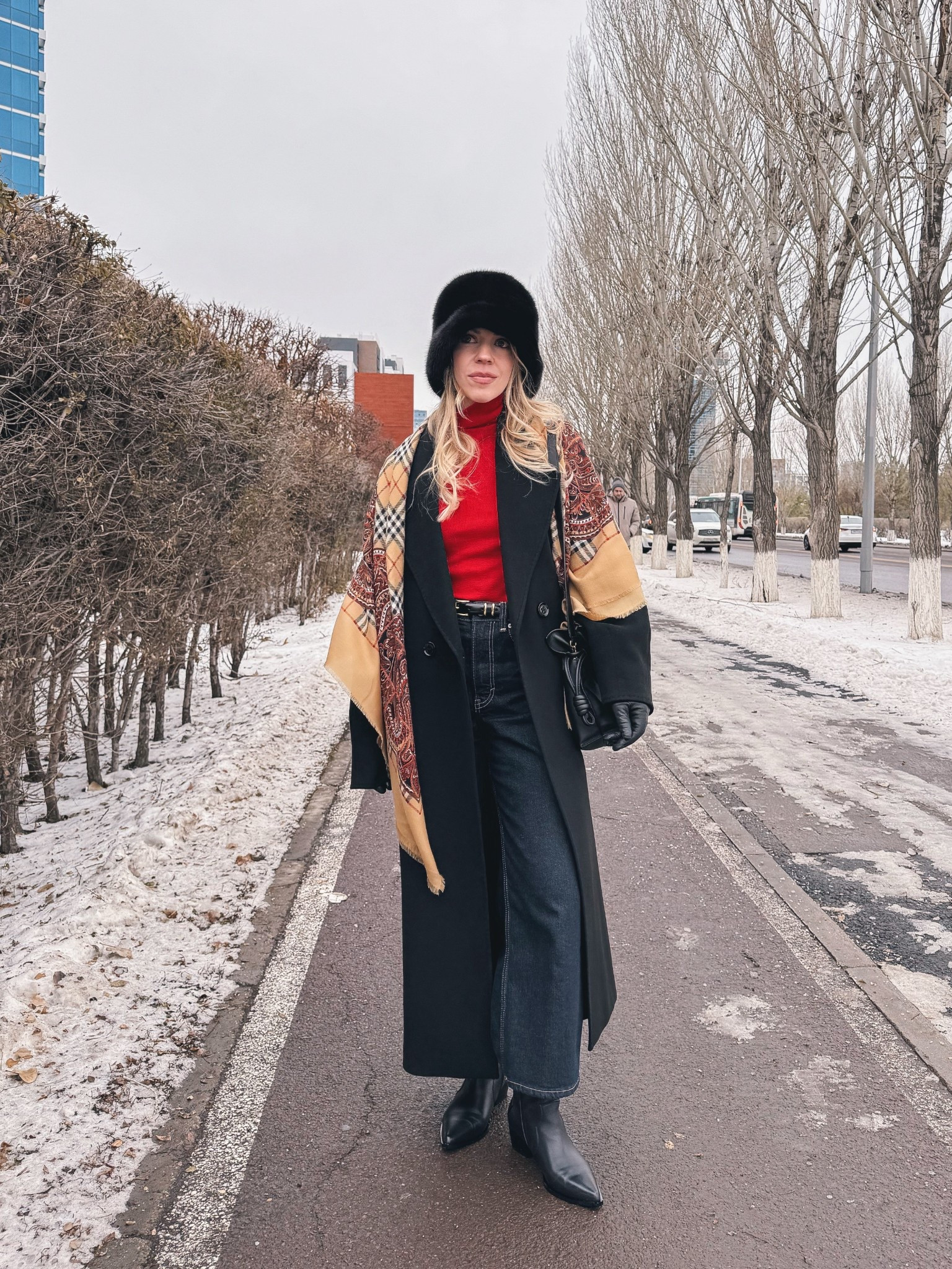 Holiday outfit, fur bucket hat, red sweater, vintage Burberry scarf, cropped wide leg jeans, black western ankle boots, style over 40

#LTKOver40 #LTKHoliday #LTKFindsUnder100