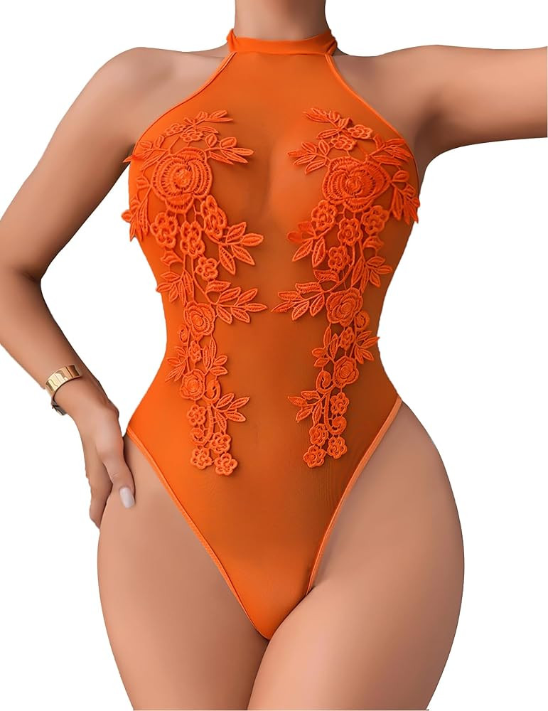 Women Teddy Lingerie Sexy Mesh Bodysuit Halter Snap Crotch Body Suits Sheer Emboroidered One Piec... | Amazon (US)