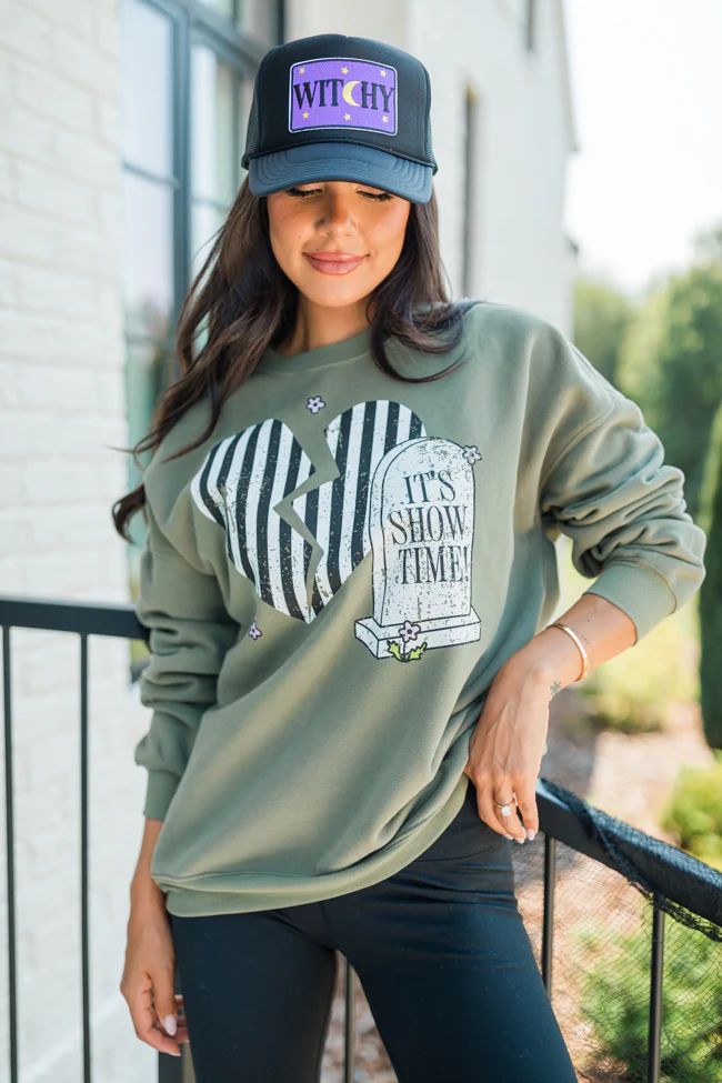 It's Showtime Olive Oversized Graphic Sweatshirt | Pink Lily