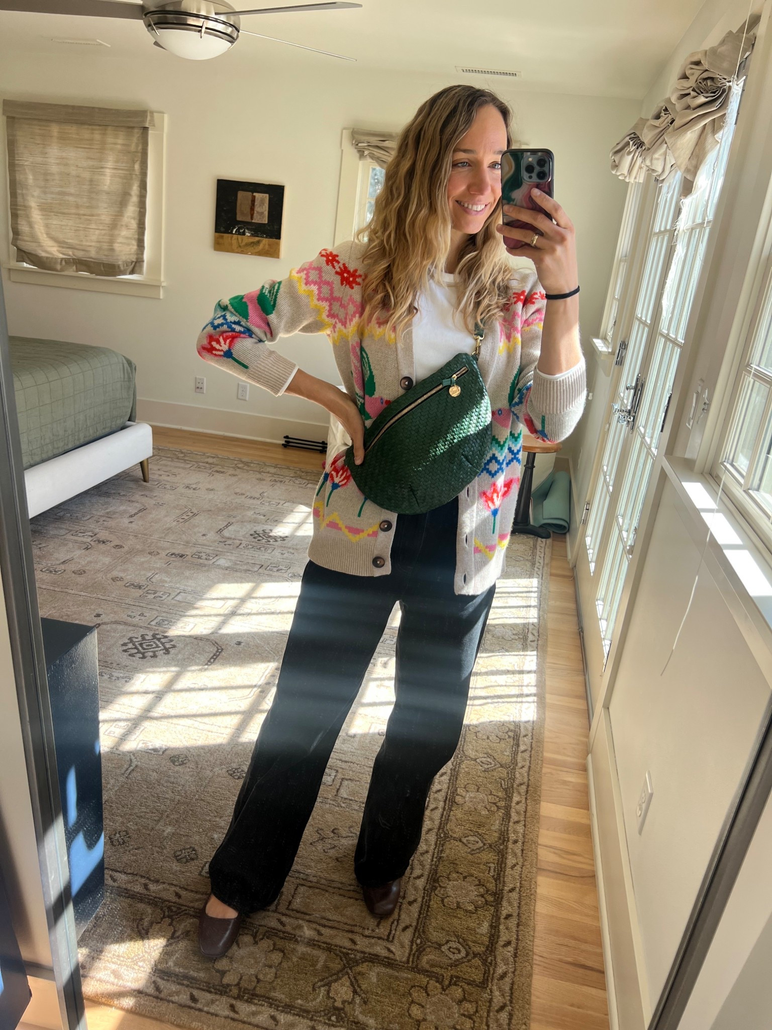 Colorful printed cardigan, crossbody woven bag, Clare v 

#LTKSeasonal #LTKItBag #LTKShoeCrush