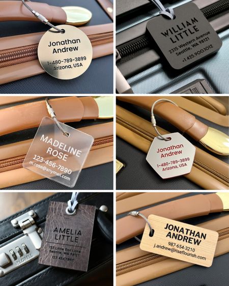 Personalized engraved luggage tags made of acrylic, leather and metal under $20.

#LTKitbag #LTKtravel #LTKfindsunder50