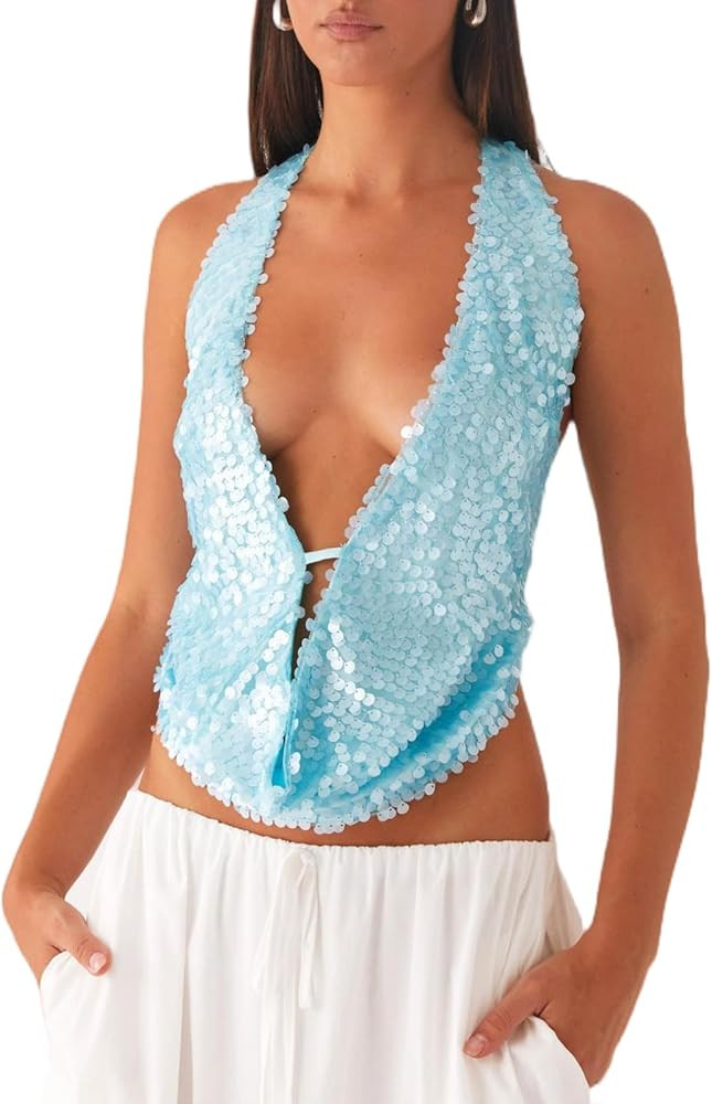Women Y2k Sequin Beaded Cami Tops Backless Cowl Neck Spaghetti Strap Pearl Sparkle Glitter Croppe... | Amazon (US)
