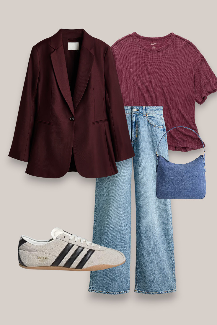 Such an easy way to start bringing fall colours into your wardrobe while it’s still warm. Burgundy blazer and tee, wide leg jeans, retro sneakers and a blue suede bag 🤎 

 #LTKautumn #LTKjeans #LTKstyletip