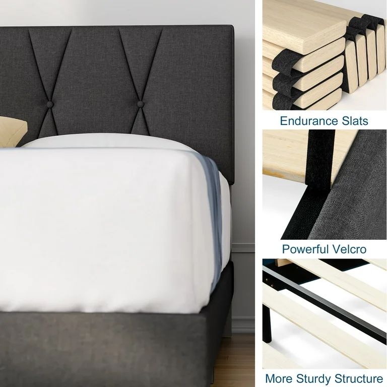 Queen Bed Frame, HAIIDE Queen Size Platform Bed With Fabric Upholstered Headboard, Dark Grey | Walmart (US)